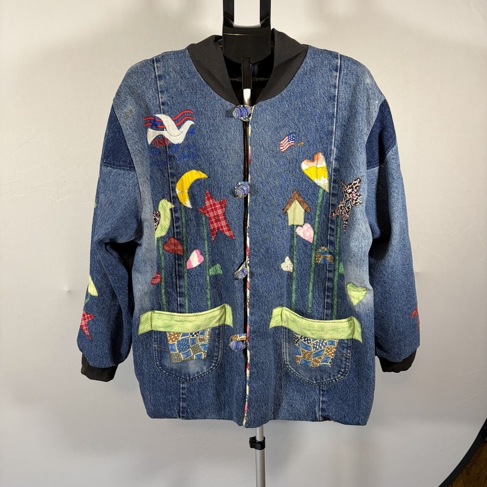VTG Handmade XL Denim Patchwork Appliqué Jacket Birds USA Cottage Art Hippy Boho